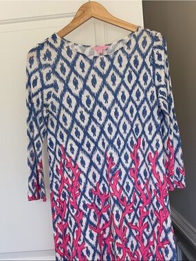 Lilly Pulitzer Blue and Pink Ikat Coral-Print Long Sleeve Dress